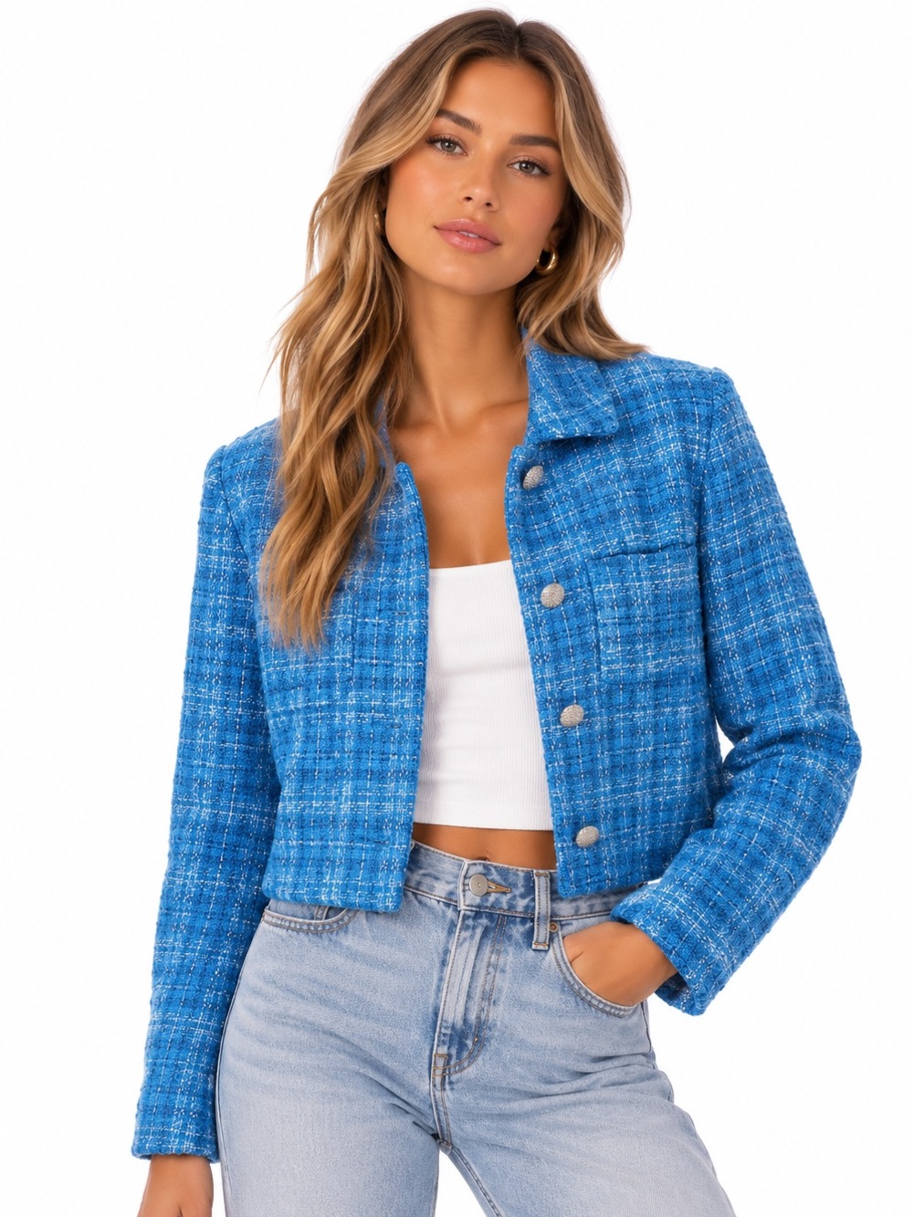 Zara Bright Blue Tweed Cropped Blazer